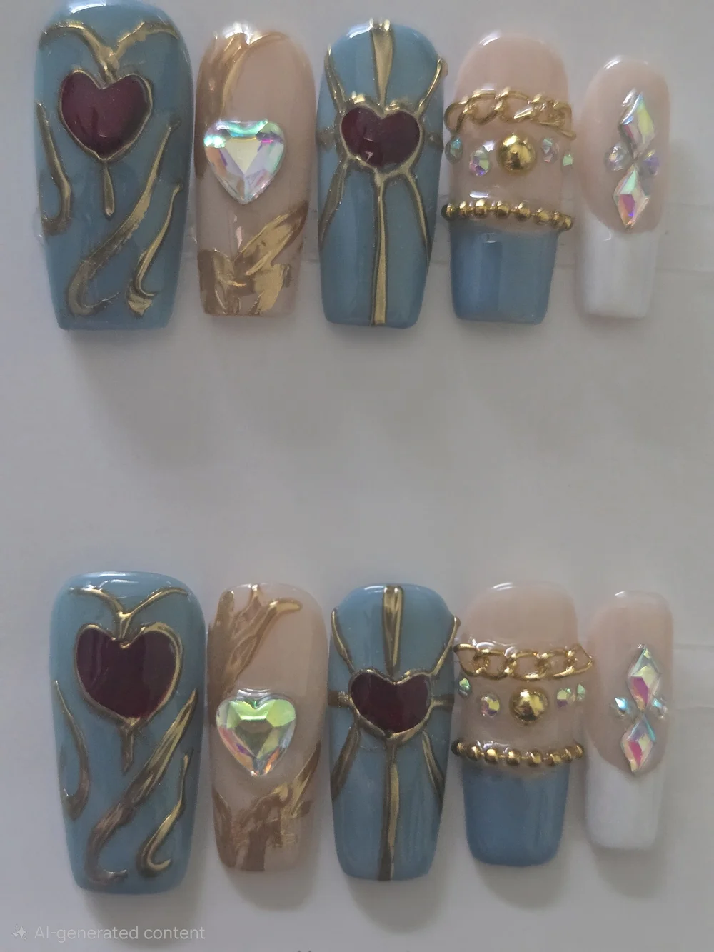Hand Crafted Blue & Nude Heart Press-On Nails with Gold Accents